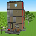 Single Family House Modern Design With Circular Windows Green Lawn Outdoor Seating And Grill Area