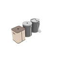 Square Beige Mesh Trash Bin With Brown Lid And Round Gray Waste Basket With Towel