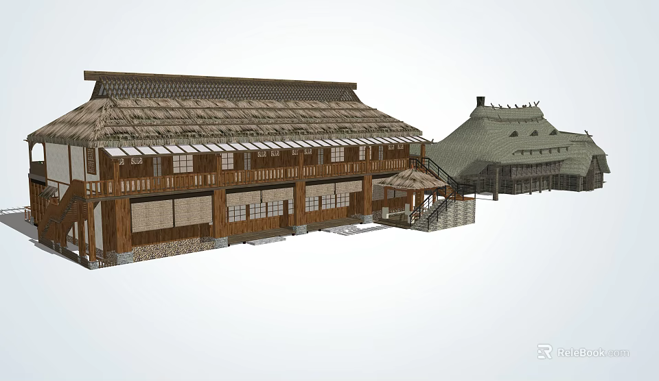 Traditional Japanese Architecture Exterior Design With Wooden Structure And Thatched Roof 3d model 