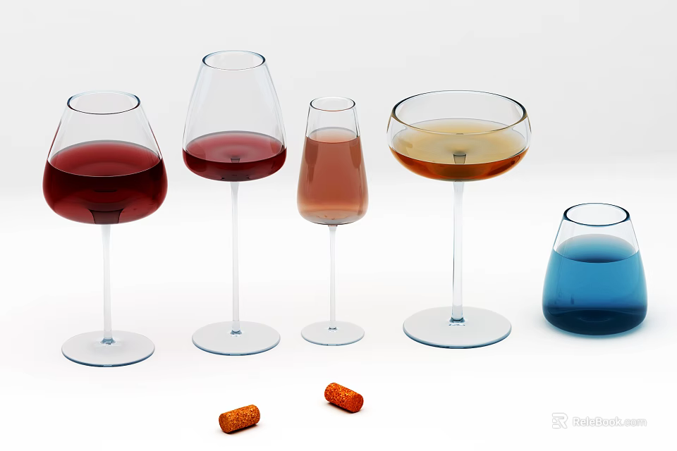 Assorted Wine Glasses Filled with Colored Wine and Corks on White Background 3d model 