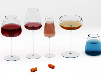 Assorted Wine Glasses Filled with Colored Wine and Corks on White Background 3d model