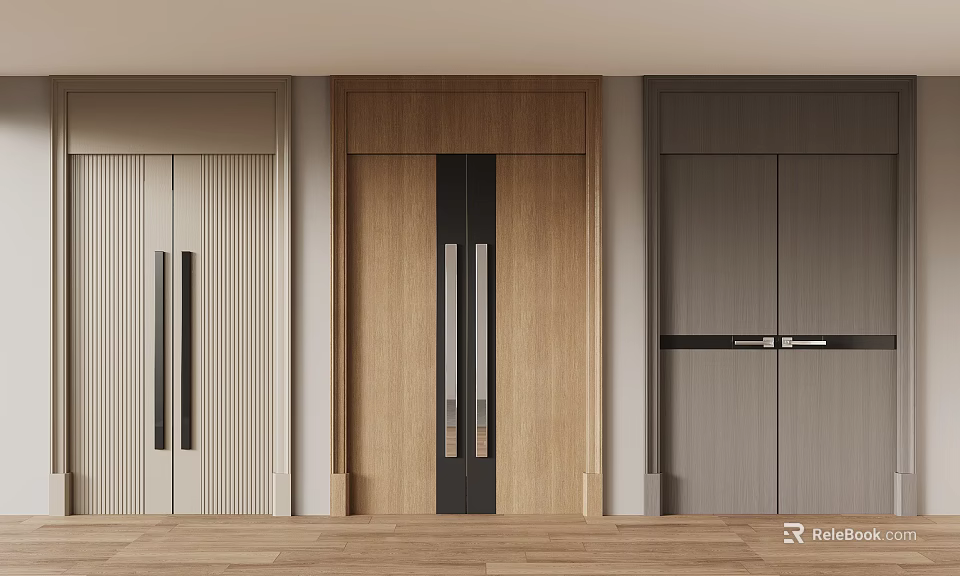 Modern Wooden Hinged Door With Black Vertical Strips In Stylish Interior Alongside Other Colored Doors 3d model 