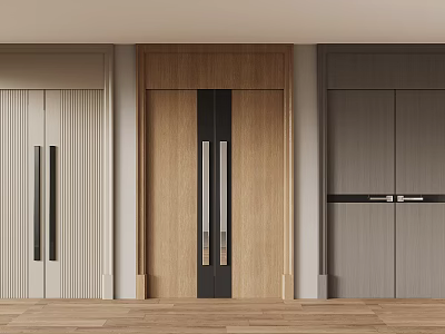 Modern Wooden Hinged Door With Black Vertical Strips In Stylish Interior Alongside Other Colored Doors 3d model