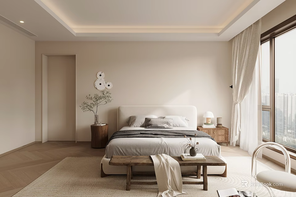 Modern Minimalist Bedroom Interior With White Headboard Gray Bedding And Wooden Bench 3d model 