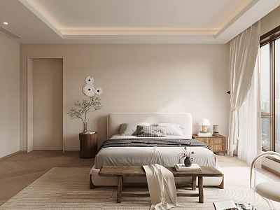 Modern Minimalist Bedroom Interior With White Headboard Gray Bedding And Wooden Bench 3d model