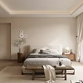 Modern Minimalist Bedroom Interior With White Headboard Gray Bedding And Wooden Bench