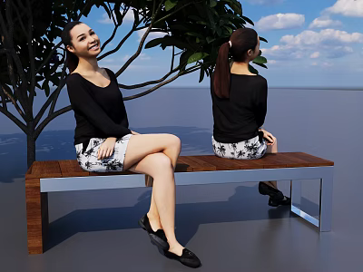 Woman Sitting On Wooden Bench Under Tree With Blue Sky And Clouds 3d model