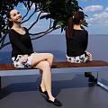 Woman Sitting On Wooden Bench Under Tree With Blue Sky And Clouds