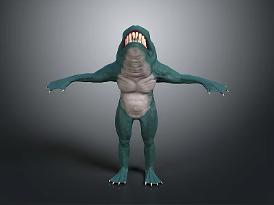 Green Monster Creature With Open Mouth Sharp Teeth Standing Arms Outstretched 3d model