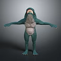 Green Monster Creature With Open Mouth Sharp Teeth Standing Arms Outstretched