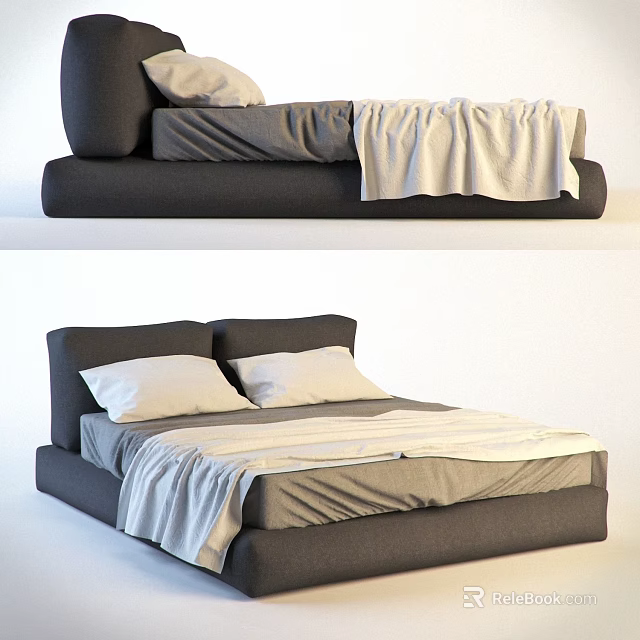 Modern Double Bed With Gray Frame White Pillows And Soft Bedding 3d model