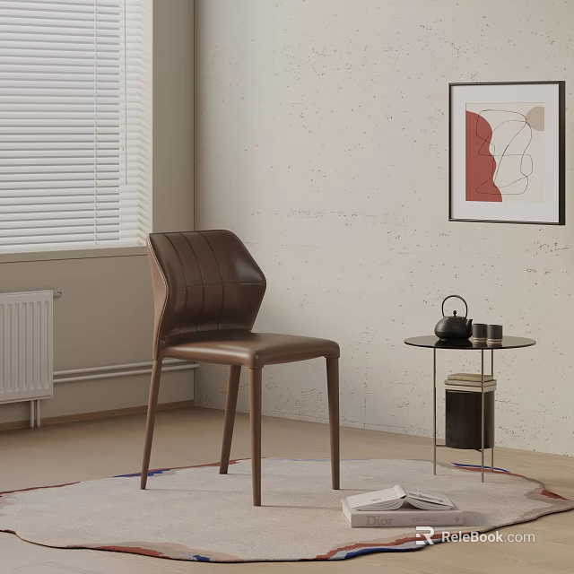 Brown Leather Dining Chair with Stitched Backrest Light Wall Round Side Table and Teapot Decor 3d model 