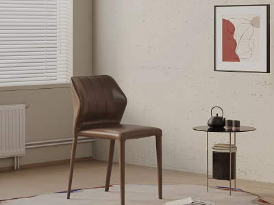 Brown Leather Dining Chair with Stitched Backrest Light Wall Round Side Table and Teapot Decor 3d model