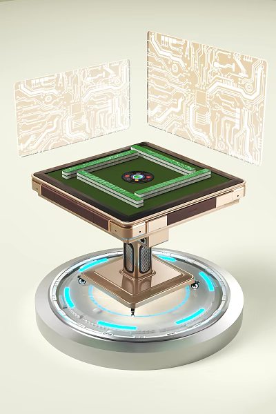 Modern Tech Style Mahjong Table With Green Surface Metal Base Blue Lighting And Circuit Background 3d model