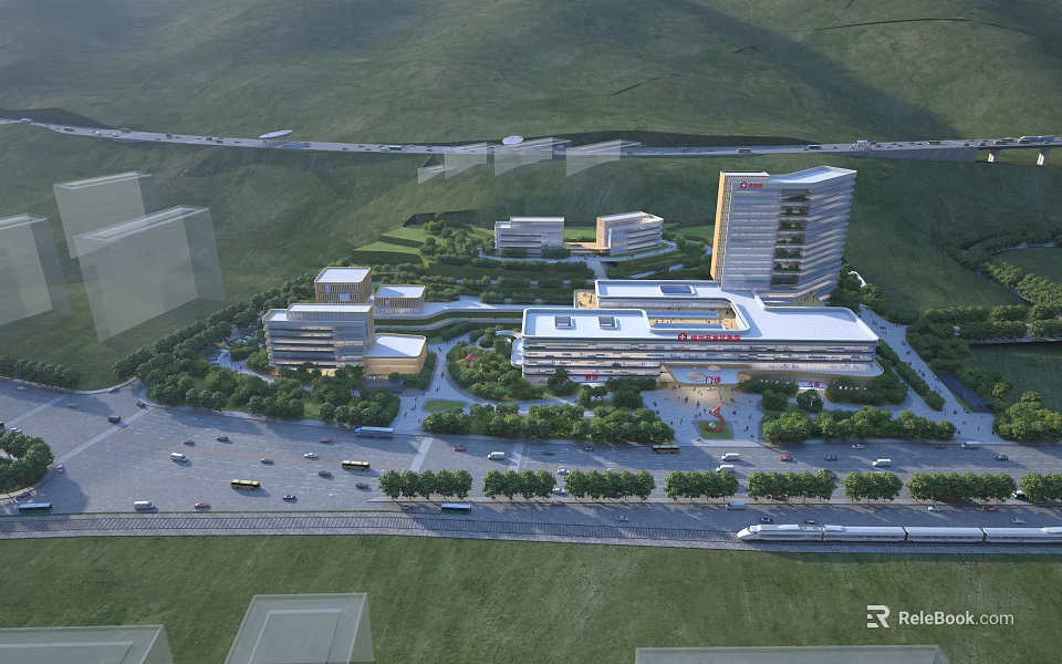 Aerial Planning of Urban Architectural Complex With Buildings Greenery Roads and Mountains 3d model 