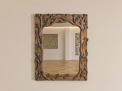 Ornate Carved Wooden Frame Mirror Reflecting Artworks And Wooden Flooring In Room Interior 3d model