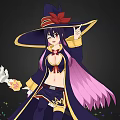 Woman With Purple Hair Wearing Black Witch Hat Holding Object With Colorful Sparkles On Base