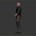 Bald Male Character 3D Model Wearing Sci Fi Leather Vest With Metal Details Standing Pose