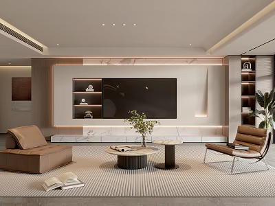Elegant Modern Living Room Interior With Marble Backdrop Large TV Sofa Coffee Tables And Plant 3d model