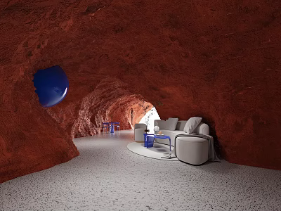Cave Style Restaurant Interior With Red Rock Walls Blue Sphere Modern Sofa And Tables 3d model