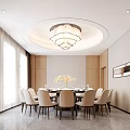 Elegant Private Dining Room With Round Table White Chairs Wooden Walls And Chandelier