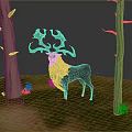 Black And White Reindeer With Large Antlers Standing Between Leafless Trees On Grassy Ground