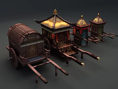 Four Traditional Wooden Carriages With Ornate Decorative Roofs And Detailed Wheels 3d model