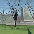 Modern Landscape Pavilion Featuring Geometric Glass Structure Green Lawn Trees And Clear Sky