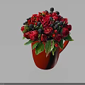 Fresh Red Roses With Black Berries And Green Leaves In Red Vase Arrangement