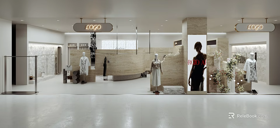 Modern Luxury Womens Clothing Store Interior With Elegant Stone Decor And Stylish Fashion Display Mannequins 3d model 
