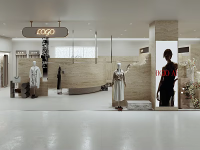 Modern Luxury Womens Clothing Store Interior With Elegant Stone Decor And Stylish Fashion Display Mannequins 3d model