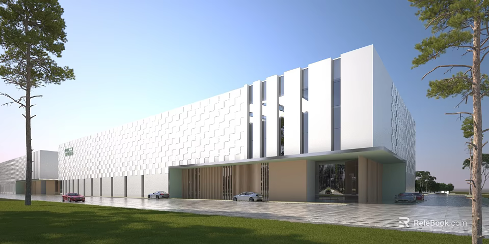 Modern Industrial Factory Building With White Geometric Facade Large Glass Windows And Front Lawn 3d model 