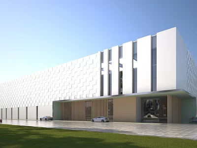 Modern Industrial Factory Building With White Geometric Facade Large Glass Windows And Front Lawn 3d model