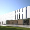 Modern Industrial Factory Building With White Geometric Facade Large Glass Windows And Front Lawn