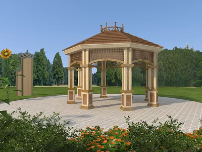 Elegant Outdoor Gazebo With Ornate Columns And Wooden Roof In Lawn With Flowers 3d model