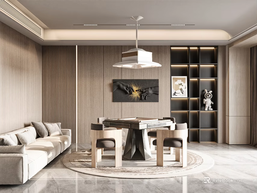 Modern Open Restaurant Interior Design With Dining Table And Pendant Lighting 3d model 