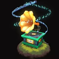 Vintage Electronic Gramophone with Yellow Horn Green Base and Floating Musical Notes Design