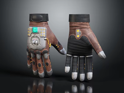 Mechanical Tech Inspired Gloves With Brown Black Design Green Yellow Buttons And Metallic Accents 3d model
