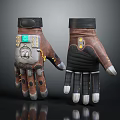 Mechanical Tech Inspired Gloves With Brown Black Design Green Yellow Buttons And Metallic Accents