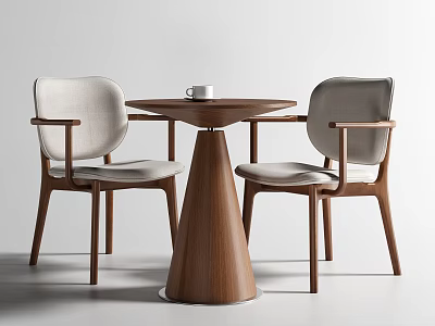 Modern Round Wooden Table With Two Armchairs Featuring Light Gray Cushions And Wooden Legs 3d model