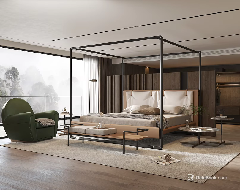 Modern Bedroom Interior Design With Canopy Bed Green Armchair And Floor to Ceiling Windows 3d model 