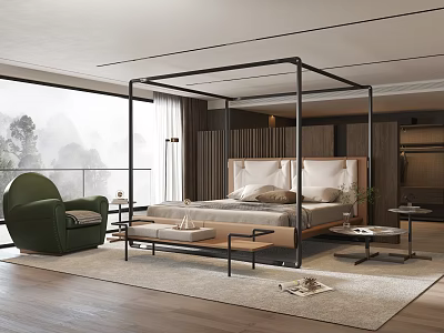 Modern Bedroom Interior Design With Canopy Bed Green Armchair And Floor to Ceiling Windows 3d model