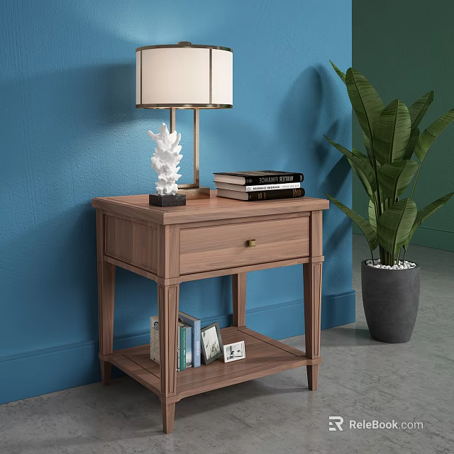 Wooden Bedside Table With White Lampshade Decorative Ornament Books Drawer And Green Plant 3d model 