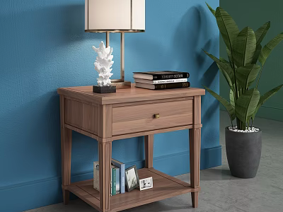 Wooden Bedside Table With White Lampshade Decorative Ornament Books Drawer And Green Plant 3d model