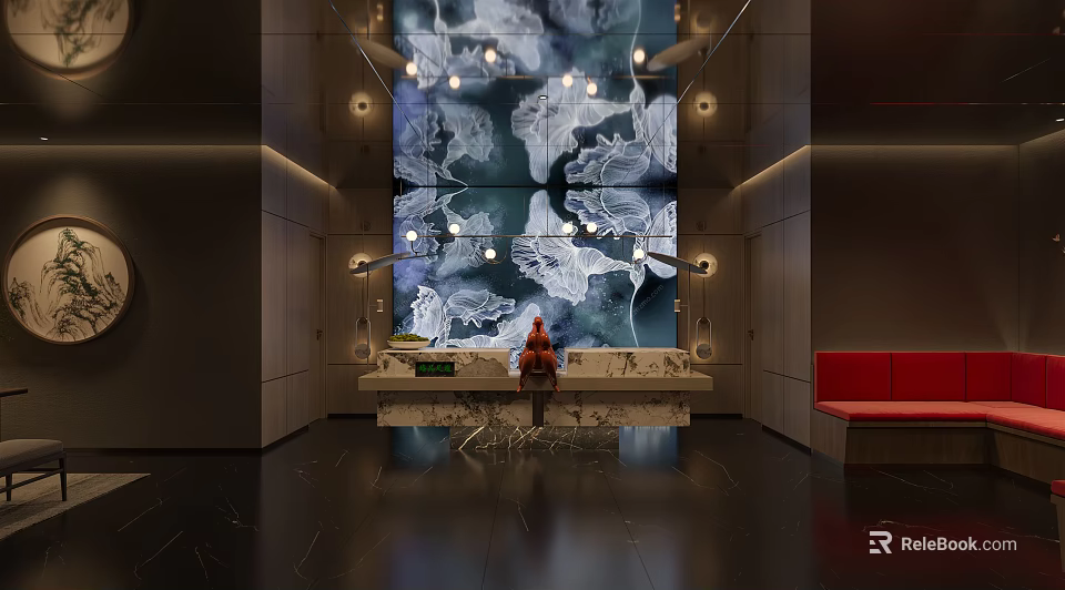 Modern Stylish Store Front Desk Design With Artistic Wall Decor And Pendant Lights 3d model 