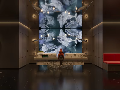 Modern Stylish Store Front Desk Design With Artistic Wall Decor And Pendant Lights 3d model