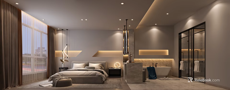 Elegant Modern Hotel Guest Room Interior With King Bed Ambient Lighting And Bathtub 3d model 