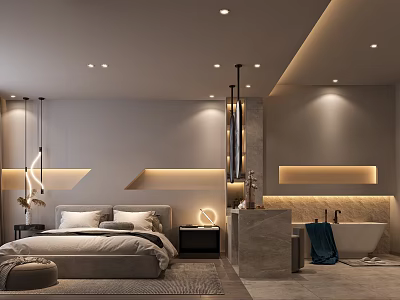 Elegant Modern Hotel Guest Room Interior With King Bed Ambient Lighting And Bathtub 3d model