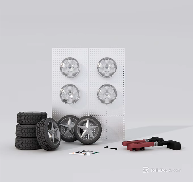 Stacked Car Tires With Wheel Rims On Wall And Repair Tools 3d model 