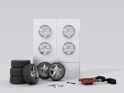 Stacked Car Tires With Wheel Rims On Wall And Repair Tools 3d model